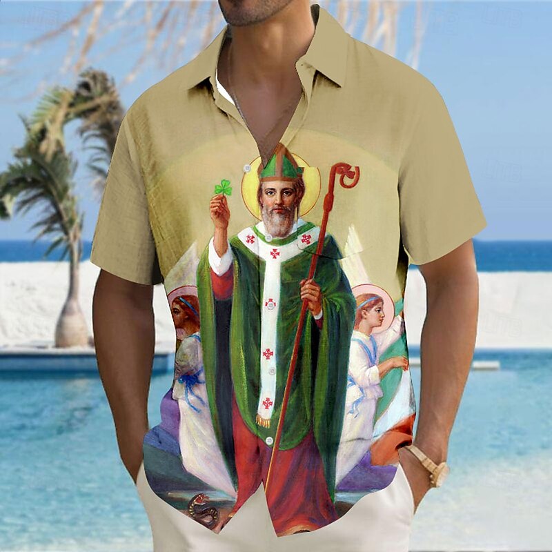 Men's St. Patrick's Day Shirt Button Up Shirt Short Sleeve Vintage Retro Holiday Festival Summer Turndown 3D Print Collared Shirts Front One Pocket Yellow