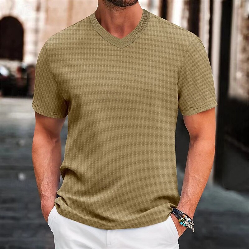 Men's T Shirt Tee Short Sleeve Shirt Tee Top Short Sleeve V Neck Summer Plain Fashion Designer Basic Jacquard Vacation Street Going out Black White Khaki Top Tee for Men3