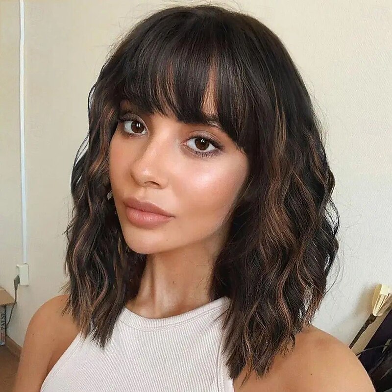 Remy Human Hair 5x5 Closure 13x4 Lace Front Wig With Bangs Brazilian Hair Natural Wave Brown Multi-color Wig 130% 150% Density with Baby Hair Highlighted / Balayage Hair Glueless For Women Long Human