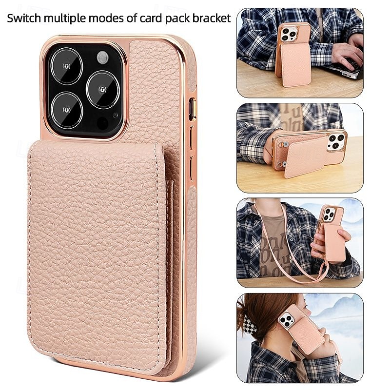 Phone Case For iPhone 16 15 14 Pro Max Plus 13 Pro Max Back Cover with Stand Holder Magnetic with Lanyard Retro Plating PU Leather4