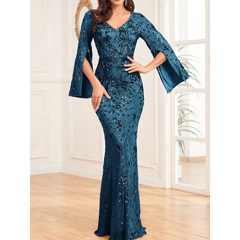 Mermaid / Trumpet Quinceanera Dresses Elegant Dress Wedding Wedding Guest Floor Length Long Sleeve V Neck Spandex with Sequin3