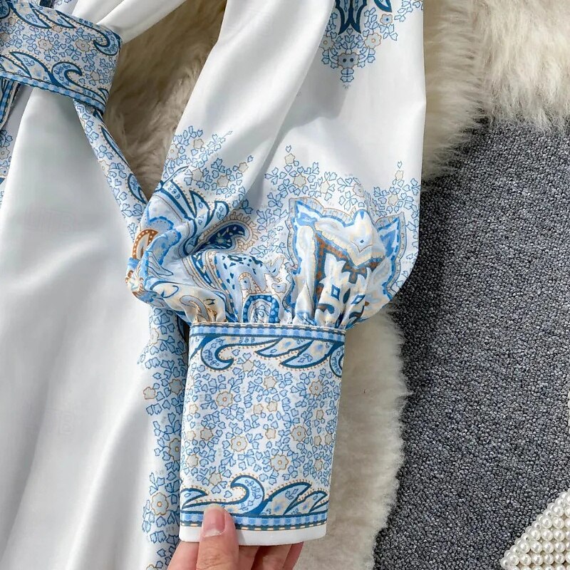 Women's Midi Dress Boho Dress Fashion Holiday Going out Weekend Regular Fit Flower Long Sleeve Shirt Collar Black Blue Apricot Summer3