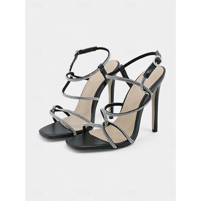 Women's Black Crystal-Embellished High Heel Sandals – Glamorous Cocktail Party Heels4