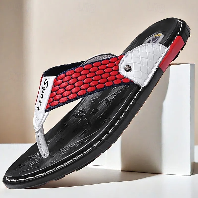 High-Performance Men's Faux Leather Flip-Flops - Black and Red with Racing-Inspired Textured Strap for Outdoor Adventures