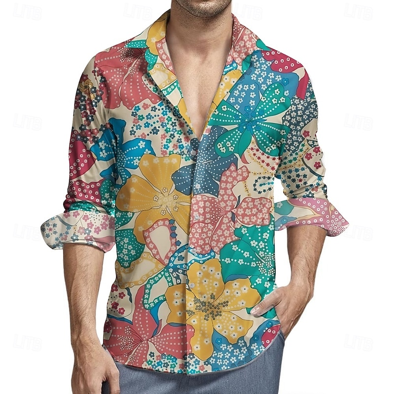 Retro Vintage 1970s Shirt Aloha Shirt Hippie Floral Fancy Dress Men's Masquerade Party Daily Wear Pride Parade Adults' Shirt3