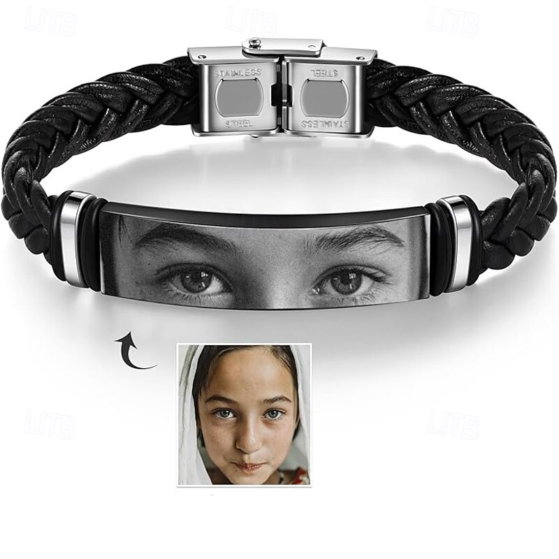Personalized Men's Photo Bracelet Custom Best Gift for Dad, Leather Jewelry for Husband, Boyfriend, Keepsake for Father's Day, Birthday, Anniversary, Christmas