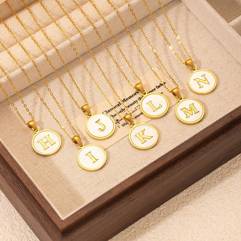 Personalized Letter Necklace, Gift for Mom, 18K Gold Plated Stainless Steel Pendant, Round Shell Design, A-Z Alphabet Necklace, Durable Titanium Steel Jewelry for Women3