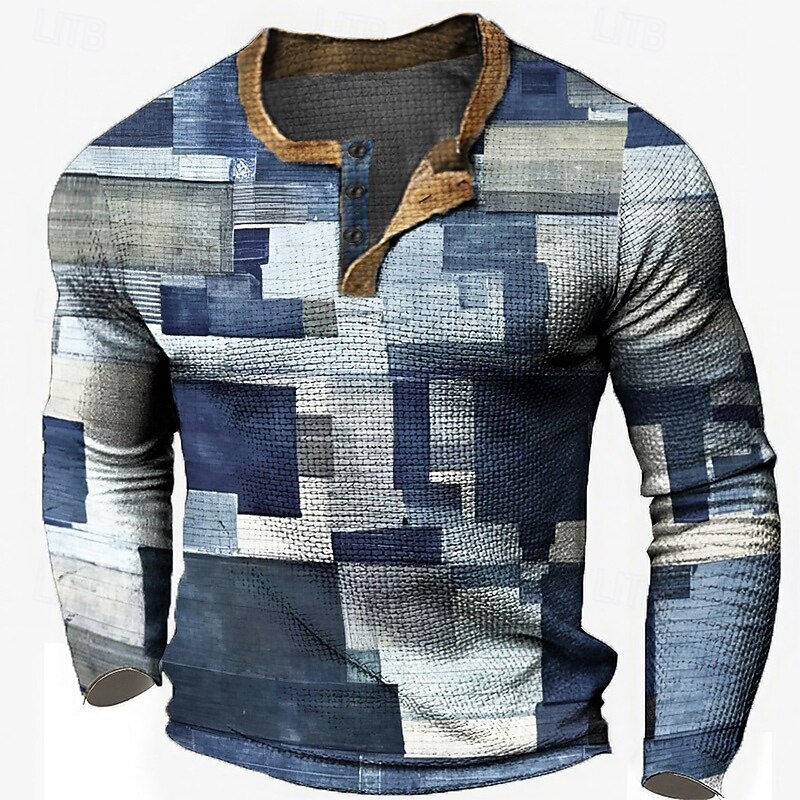 Mens Graphic Shirt Plaid Designer Casual Vintage Retro 3D Print Henley Waffle Tee Sports Outdoor Holiday Festival Light Blue Navy4