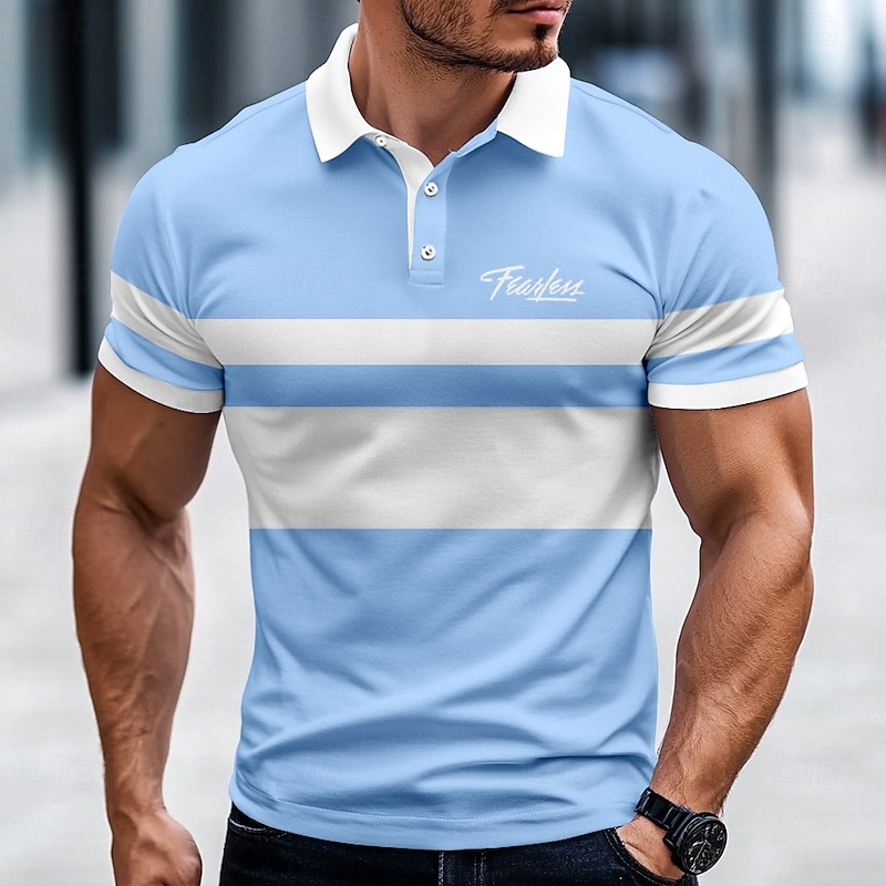 Men's Striped Rugby Polo Short Sleeve Polo Shirts Collared Shirts Casual School Outdoor Daily Wear 3D Print Summer Spring Fall Yellow Blue Green
