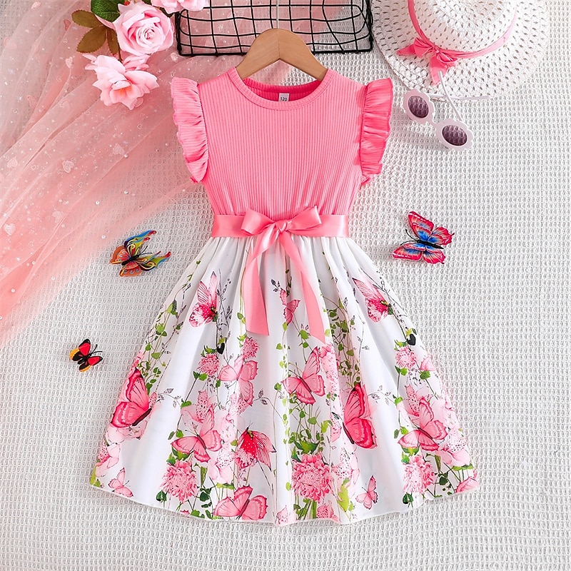 Kids Girls' Dress Floral Dress Flower Sleeveless Outdoor Casual Ruffle Fashion Daily Polyester Knee-length Casual Dress A Line Dress Summer 4 years+ Light Pink Wine