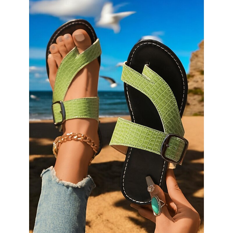 Women's Trendy Green Croc - Embossed Sandals – Double - Strap, Thong - Style Footwear for Women's Beach Outings, Summer Walks and Casual Gatherings