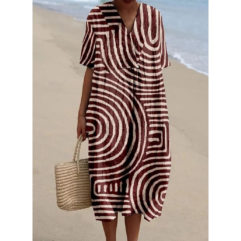 Women's Midi Dress Sundress A Line Dress Vacation Casual Beach linen like Going out Loose Fit Short Sleeve V Neck claret Orange off-white Dark Gray3