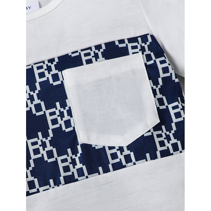 2 Pieces Toddler Boys T-shirt & Shorts Outfit Graphic Geometric Short Sleeve Patchwork Set School Fashion Daily Summer 4-7 Years White4