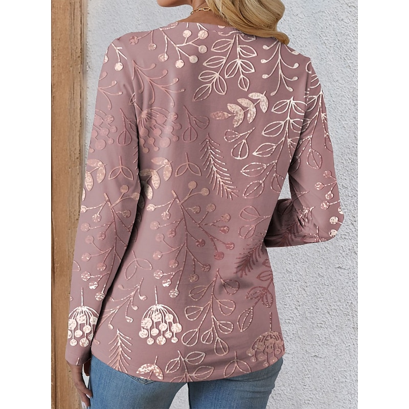 Women's T shirt Long Sleeve Crew Neck Long Sleeve Tunic 3D Print Floral Graphic Casual Regular Tops Daily Print Pink Purple Green Khaki Fall Prefall2