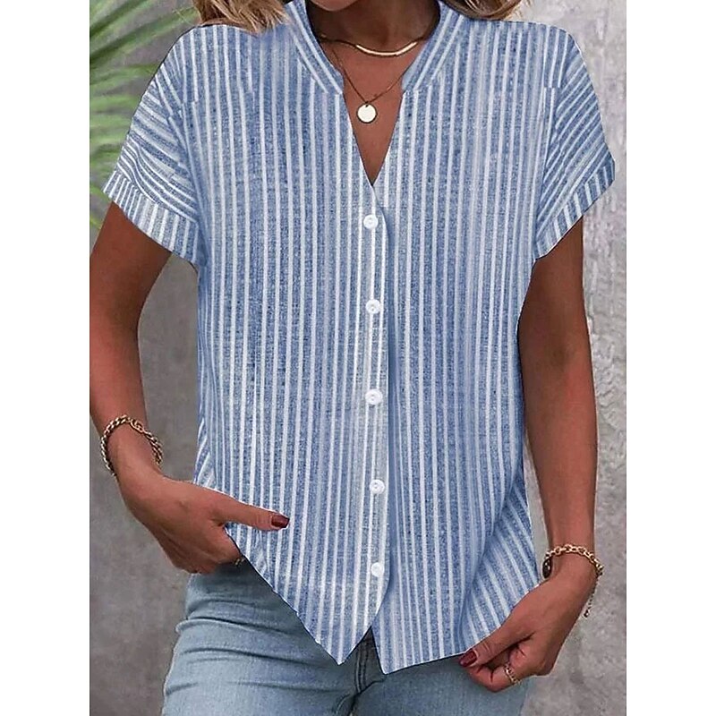 Women's Shirt V Neck Button Down Blouse Graphic Striped Stylish Beach Short Sleeve Shirt Collar Regular Tops Daily Buttons Print Pink Blue Green Gray Spring Fall3