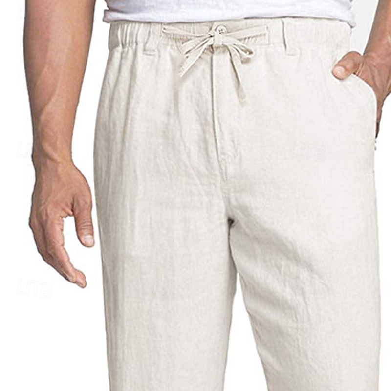 Men's Linen Pants Trousers Summer Pants Beach Pants Elastic Waist Front Pocket Straight Leg Plain Comfort Breathable Full Length Home Yoga Daily Fashion Casual Black White3