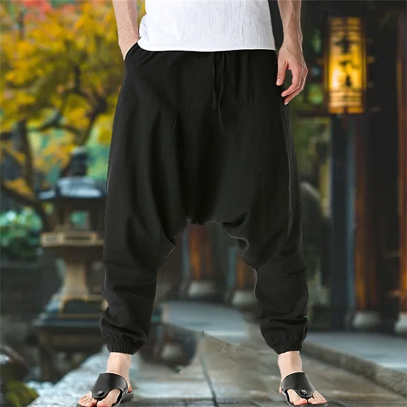 Men's Linen Pants Trousers Summer Pants Baggy Harem Pants Pocket Drawstring Elastic Waist Plain Comfort Breathable Full Length Outdoor Yoga Gym Fashion Retro Vintage Black Navy Blue2