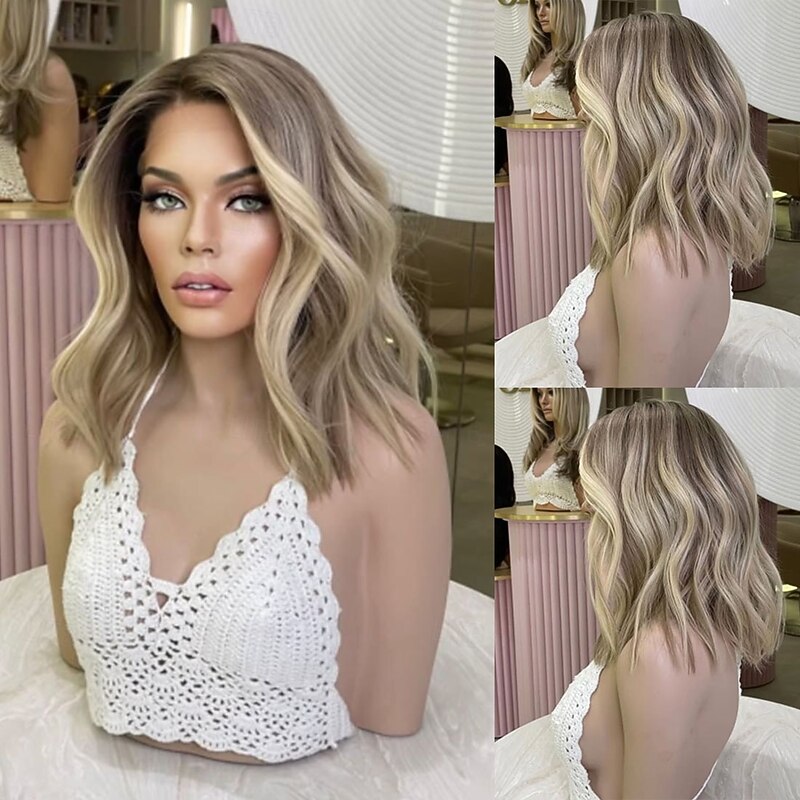 Brazilian Hair Short Bob 5x5 Closure Glueless Wigs Ash Blonde 13x4 Lace Front Wig Wavy Highlight Colored Human Hair Wig 100% Virgin Glueless For Women - Main Image