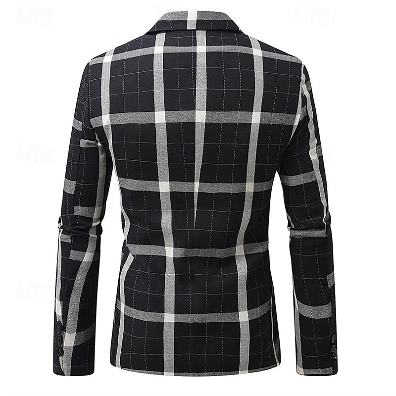 Men's Graduation Blazer Business Cocktail Party Wedding Party Fashion Casual Spring Autumn / Fall Polyester Plaid Pocket Buttons Comfortable Single Breasted Blazer Black Brown Coffee Gray3