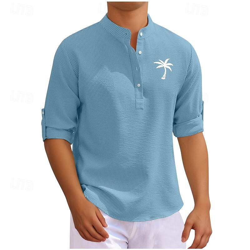 Men's Shirt Minimalist Aloha Shirt Summer Shirt Casual Shirt Beach Shirt Button Up Shirt Black White Dark Navy Blue Green Long Sleeve Printed Standing Collar Vacation Hawaiian Button-Down Clothing