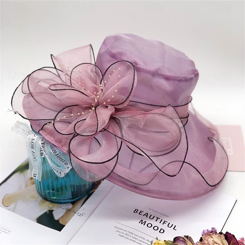 Hats Organza Sun Hat Holiday Tea Party Horse Race Cocktail Elegant Vintage Cute With Feather Floral Headpiece Headwear