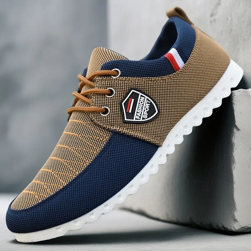 Men's Two-Tone Nylon Casual Sneakers with Lace-Up Design and Emblem - Stylish Footwear for Everyday Use