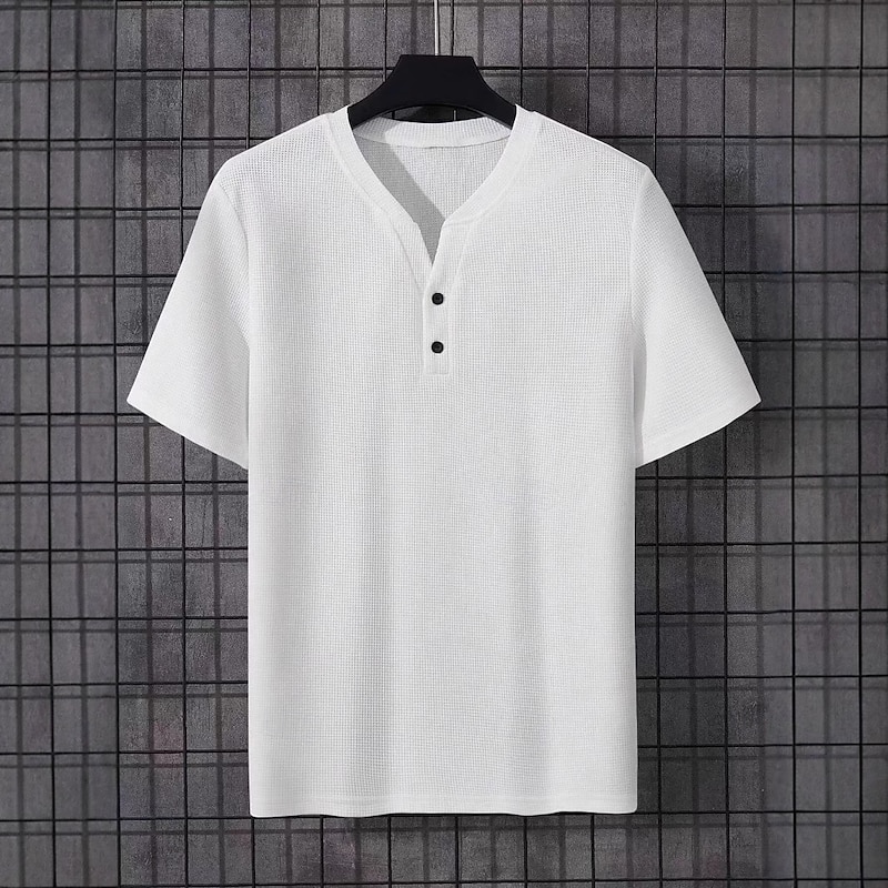 Men's Waffle Henley Shirt Tee Short Sleeve Solid Color Plain Knitwear Buttons Henley Outdoor Casual Daily Summer Spring &  Fall Black White Blue Henley T-Shirt2