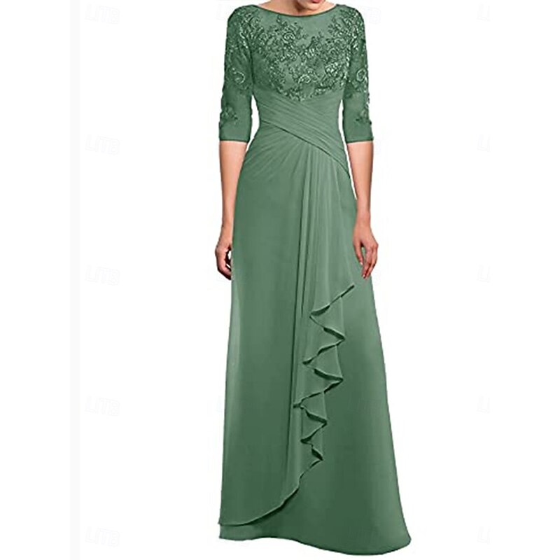 Dress Mother of the Bride Dress Elegant Crew Neck Floor Length Polyester 3/4 Length Sleeve with Solid Color2