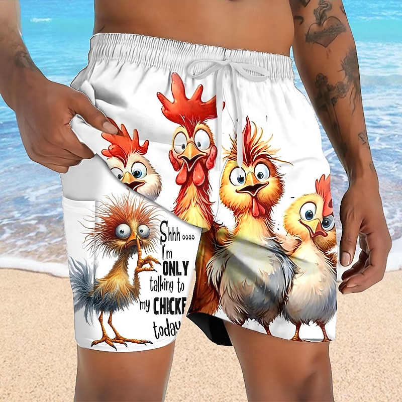 Men's Animal Chick Funny Lined Shorts 2 in 1 Board Shorts Swim Shorts Mid Waist Hawaiian Vacation Holiday Beach Wear Side Pockets With Compression Liner Elastic Drawstring Waist Designer Clothing4