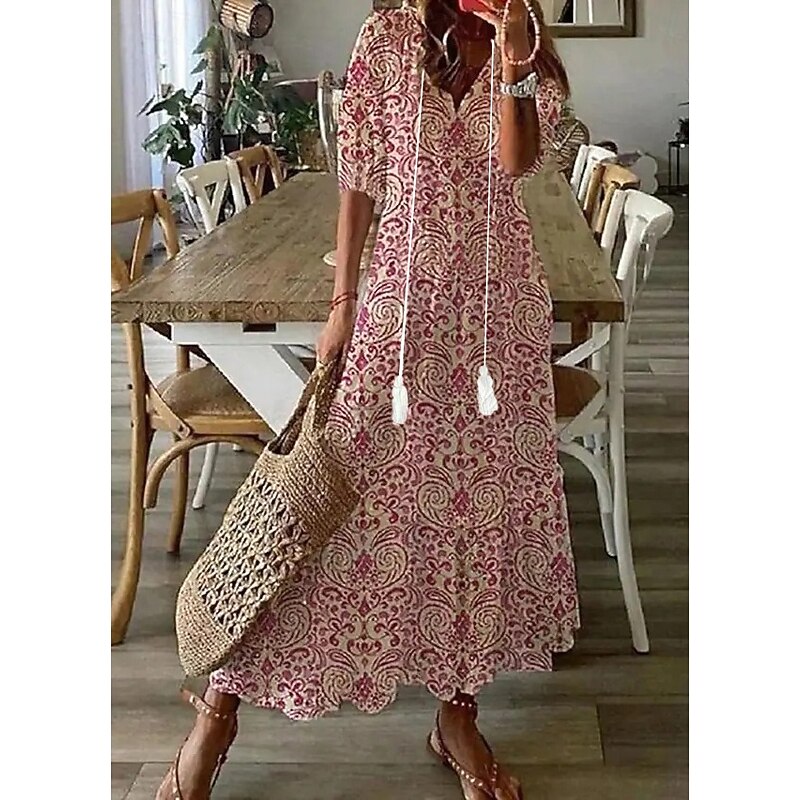 Women's Long Dress Maxi Dress Boho Dress Print Dress Peplum Dresses Romantic Classic Elegant Dress Puff Sleeve Vacation Going out Spring Dress Loose Fit Graphic Flower Half Sleeve V Neck White Pink