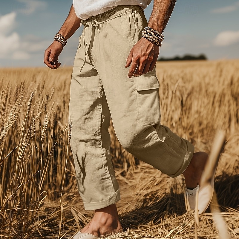 Men's Cargo Pants Linen Pants Trousers Summer Pants Beach Pants Drawstring Elastic Waist Multi Pocket Plain Comfort Breathable Full Length Outdoor Casual Holiday Fashion Retro Vintage Black White
