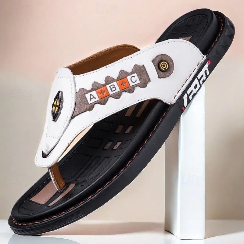 Men's Sporty Faux Leather Flip-Flops with Athletic Logo Detail - Durable Casual Summer Footwear for Active Wear
