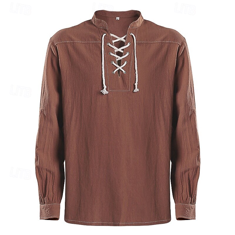 Medieval Renaissance 17th Century Medium Length Blouse / Shirt Cosplay Costume Celtic Knight Elven Drawstring Solid Color Fancy Dress Men's Pirate Fantasy Halloween Masquerade Casual Daily2