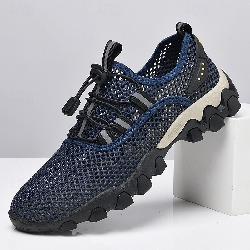 Men's Navy Blue Mesh Hiking Sneakers – Breathable Outdoor Running Shoes with Rugged Sole