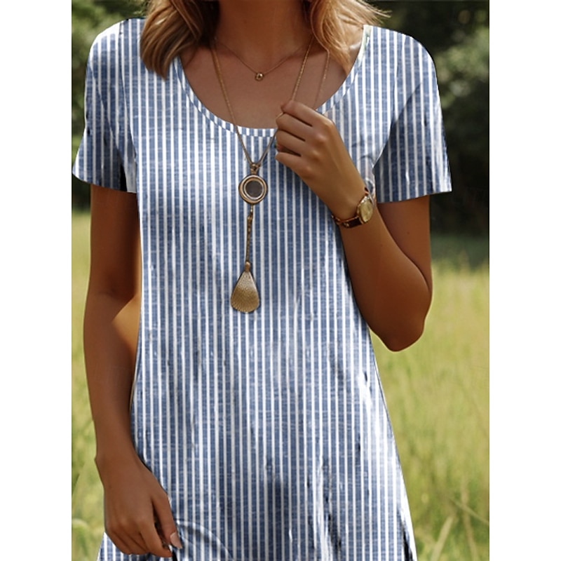 Women's Mini Dress Casual Dress T Shirt Dress Tee Dress A Line Dress Summer Dress Stylish Casual Vacation Casual Daily Regular Fit Graphic Stripe Short Sleeve Crew Neck Light Blue Summer Spring Fall2
