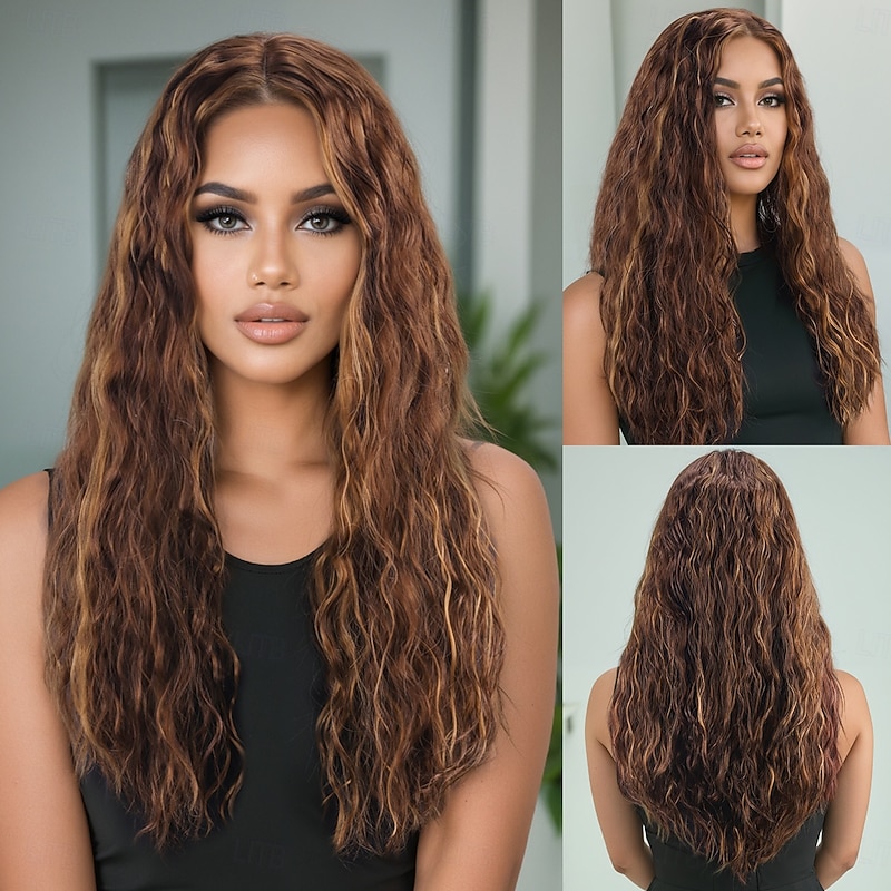 Synthetic Wig Loose Curl Deep Wave Layered Haircut Deep Parting Machine Made Wig 28 inch A1 Synthetic Hair Women's Elastic Classic Highlighted / Balayage Hair Dark Brown