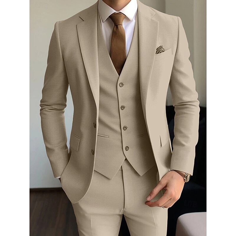 Men's Wedding Business Suits Notch Lapel Khaki Light Grey Formal Solid Colored Standard Fit 3 Piece Single Breasted Two-buttons2
