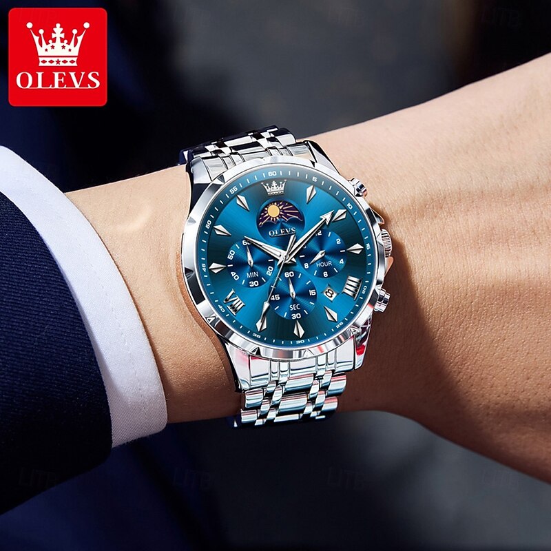 OLEVS 3653 Mens Watch Quartz Watch Multifunctional Chronograph Watch For Men 30M Waterproof Luminous Moon Phase Steel Watch4