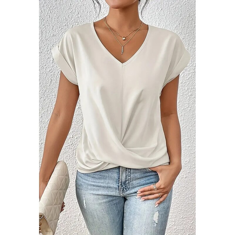Women's Blouse Plain Modern Casual Short Sleeve V Neck Regular Tops Daily Going out Ruched Blush Pink Black White Wine Summer2