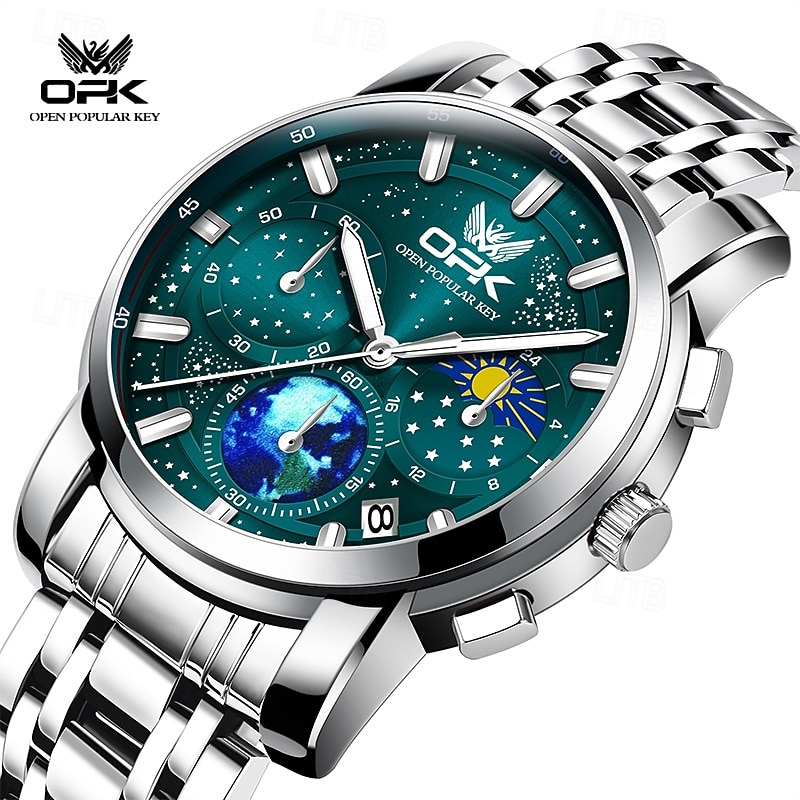 OPK Quartz Watch for Men Starry Sky Display Moon phase Multifunctional Stainless Steel Waterproof Luxury Men's Quartz Watch 8142