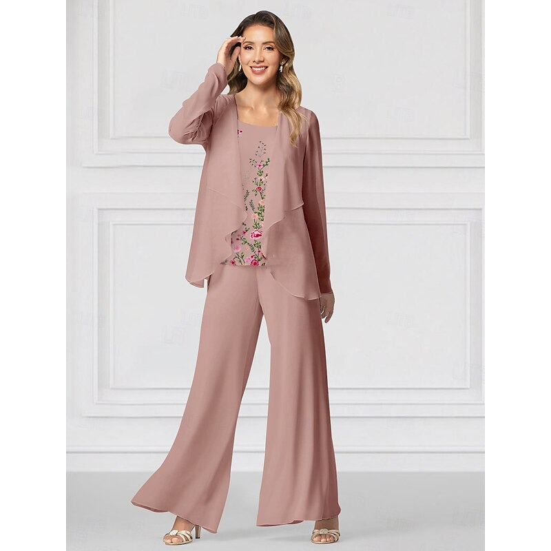 Floral Pantsuit 3 Piece Mother of the Bride Wedding Guest Elegant Jewel Neck Floor Length Chiffon Long Sleeve Wrap Included with Lace Ruffles Embroidery4