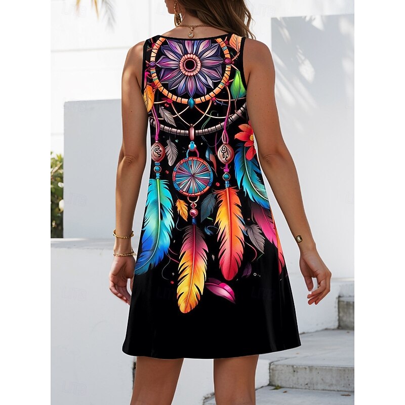 Women's Mini Dress A Line Dress Summer Dress Vacation Casual Daily Loose Fit Graphic Tribal Sleeveless U Neck Black Summer2