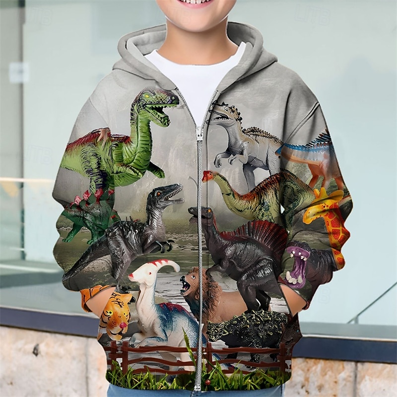 Boys 3D Dinosaur Hoodie Coat Outerwear Long Sleeve Spring Fall Adorable Sport Kids 4-12 Years Zip Street Daily Regular Fit