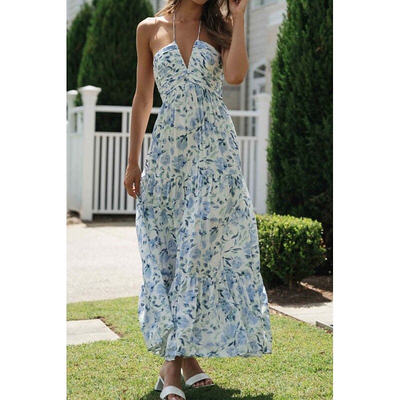 Women's Midi Dress Graduation Dress Floral Dress Fashion Outdoor Vacation Holiday Regular Fit Flower Sleeveless Halter Neck Red Blue Orange Summer2