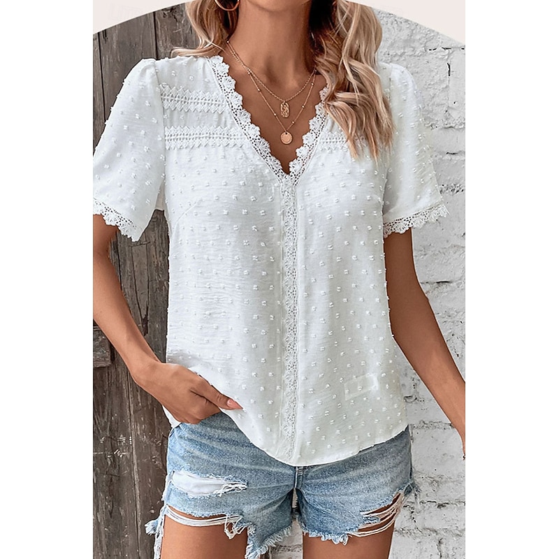 Women's T Shirt Solid Color Fashion Short Sleeve V Neck Regular Tops Daily Lace Black White Blue Summer2