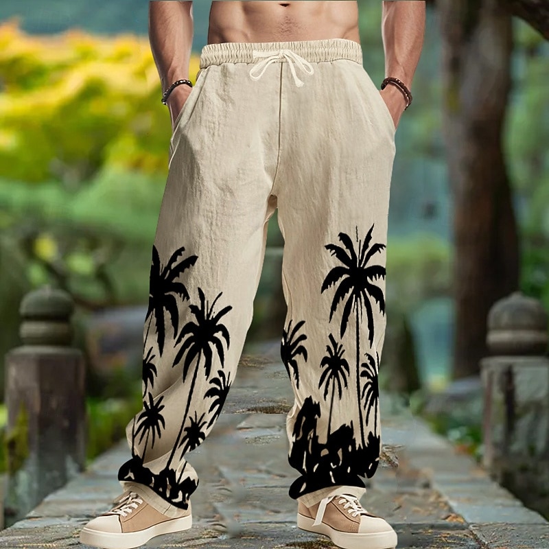 Men's Linen Pants Trousers Summer Pants Baggy Pants Drawstring Elastic Waist Straight Leg Coconut Tree Comfort Breathable Full Length Yoga Daily Running Fashion Retro Vintage Black White3
