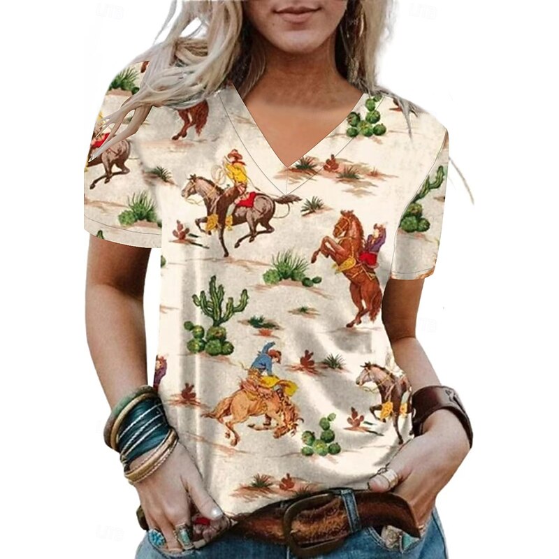 Women's Summer Tops Graphic Tribal Fashion Western Casual Short Sleeve V Neck Regular Tops Daily Going out Weekend Patchwork Print Army Green Brown off-white Summer Spring3