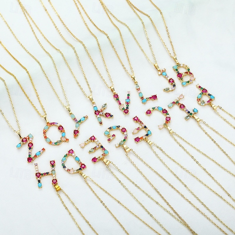 Personalized Letter Necklace, Hip Hop Collarbone Chain, Copper Micro-Paved Colorful Zircon Alphabet Pendant, Unique Jewelry Gift for Mother Day2