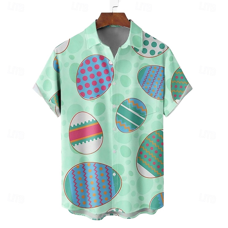 Easter Men's Easter Eggs Shirt Casual Shirt Button Up Shirt Short Sleeve Vintage Retro Vacation Holiday Festival Summer Spring Turndown 3D Print Collared Shirts Front One Pocket Purple Green3