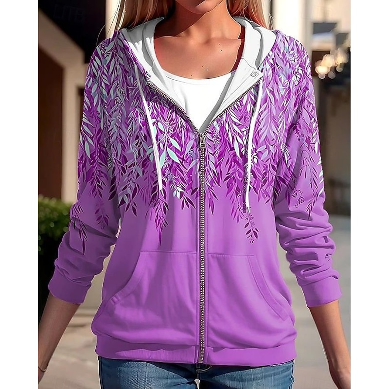 Women's Hooded Sweatshirt Jacket Long Sleeve Zip Up Hoodie With Pocket Lightweight Casual Micro-elastic Oversized Floral Active Vintage Sports Drawstring Front Pocket Blue Fuchsia Green Spring Fall2